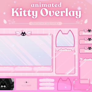 Paquete de superposición de gato rosa / Paquete de superposición de transmisión animada / Twitch Youtube Vtuber Streamer