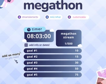 May include: A digital overlay for a megathon stream featuring a timer set to 08:03:00, a progress tracker labeled megathon stream 1/500, and five goal slots numbered 1 through 5 with corresponding values. The design includes text labels for streamelements, easy setup, and customizable, all set against a light blue checkered background.