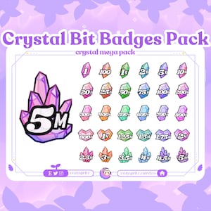 Könnte beinhalten: Ein Set mit 20 bunten Kristall-Bit-Abzeichen, die eine Vielzahl von Zahlen von 1 bis 5 Millionen zeigen. Die Abzeichen sind im Cartoon-Stil mit einem kristallartigen Aussehen gestaltet. Der Text "Crystal Bit Badges Pack" und "crystal mega pack" wird oben im Bild angezeigt.