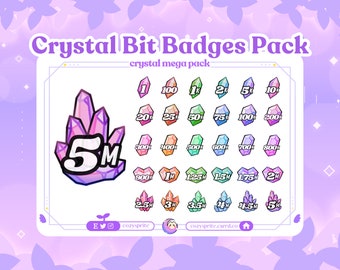 May include: A set of 20 colorful crystal bit badges, featuring a variety of numbers from 1 to 5 million. The badges are designed in a cartoon style with a crystal-like appearance. The text "Crystal Bit Badges Pack" and "crystal mega pack" is displayed at the top of the image.