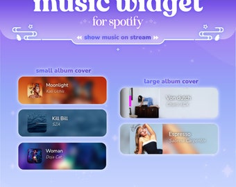 Widget de música / Reproductor de canciones para streaming / Icono de álbum / Spotify, YouTube / Colores personalizables / Streamelements / Widget para transmisiones de Twitch