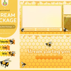 Puede incluir: Paquete de transmisión animado con temática de abeja. El paquete incluye una superposición de transmisión con un fondo de panal, un cuadro de chat y un banner de 'Transmisión comenzando pronto'. También hay iconos de abejas animados para suscribirse, objetivos y TikTok.