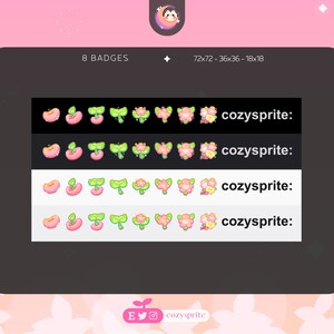 May include: A set of eight badges featuring peach, sprout, bow, and flower designs. The badges are in black and white with the text "cozysprite:" below each row.