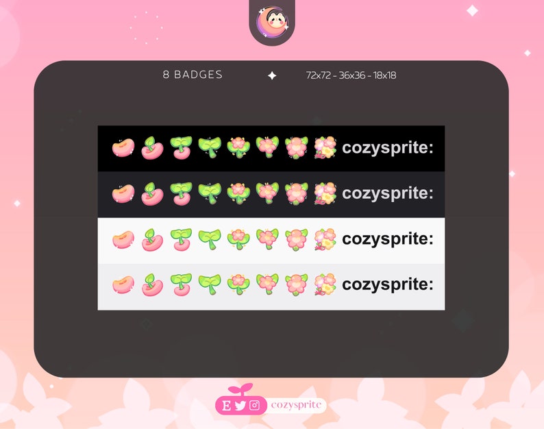 May include: A set of eight badges featuring peach, sprout, bow, and flower designs. The badges are in black and white with the text "cozysprite:" below each row.