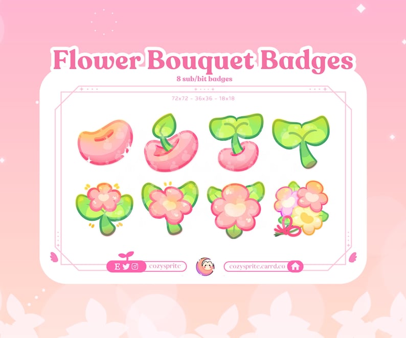 May include: A set of eight flower bouquet badges in pink, green, and yellow. The badges feature various stages of flower growth, from a seed to a blooming flower. The badges are 72x72, 36x36, and 18x18 pixels.
