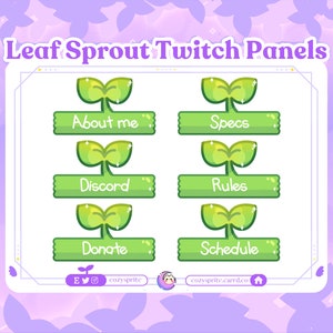 May include: Six green buttons with a sprout design and white text. The buttons read "About me", "Specs", "Discord", "Rules", "Donate", and "Schedule".