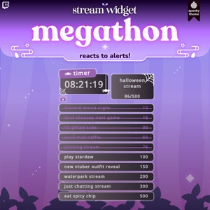 Könnte beinhalten: Ein violettes und schwarzes Twitch-Stream-Widget mit einem gruseligen Thema. Das Widget verfügt über einen Timer, einen Countdown für einen Halloween-Stream und eine Liste von Ereignissen, die Alarme auslösen. Der Text "megathon reagiert auf Alarme!" wird oben im Widget angezeigt.