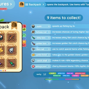 May include: A digital game interface with a backpack icon and various items to collect. The interface includes items like sushi, a fortune rod, and a golden ticket, with descriptions of their effects. The text "9 items to collect!" is prominently displayed.
