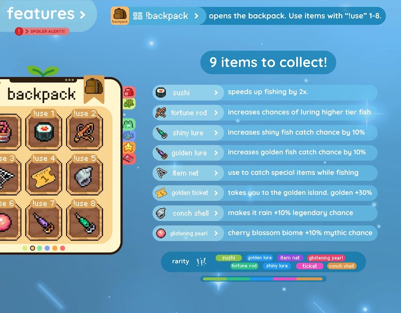 May include: A digital game interface with a backpack icon and various items to collect. The interface includes items like sushi, a fortune rod, and a golden ticket, with descriptions of their effects. The text "9 items to collect!" is prominently displayed.