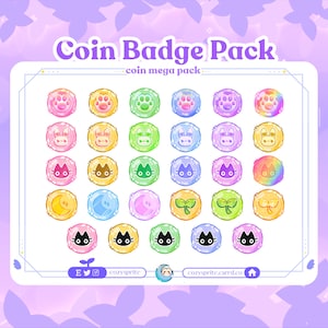 Puede incluir: Un conjunto de 24 insignias de monedas coloridas con varios diseños de animales lindos, que incluyen huellas de patas, conejos, gatos y hojas. Las insignias están dispuestas en un patrón de cuadrícula sobre un fondo blanco con el texto "Coin Badge Pack - coin mega pack" en la parte superior.