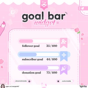 May include: A pink and white digital graphic for a "goal bar widget" with progress bars for follower, subscriber, and donation goals. The text includes "goal bar widget", "follower goal 35/100", "subscriber goal 44/100", and "donation goal 73/100".