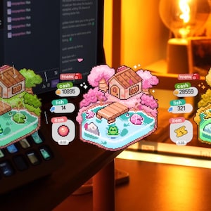 May include: Pixelated game interface featuring three island scenes with houses, ponds, and frogs. Each scene displays cash, fish, and item counts. The interface is displayed on a laptop screen, with a warm, blurred background.