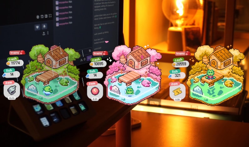 May include: Pixelated game interface featuring three island scenes with houses, ponds, and frogs. Each scene displays cash, fish, and item counts. The interface is displayed on a laptop screen, with a warm, blurred background.