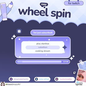 Könnte beinhalten: Ein digitales Overlay für Twitch mit dem Text "cozy wheel spin" und "for twitch". Die Benutzeroberfläche enthält eine Benachrichtigung "Teri just subscribed!", eine Liste mit "play stardew", "subathon", "cooking stream" und einen Fortschrittsbalken bei 12/100.