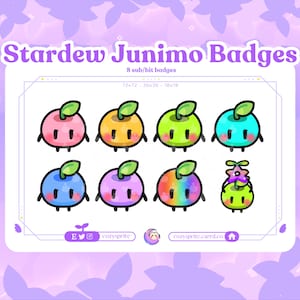 Könnte beinhalten: Acht bunte Junimo-Abzeichen aus dem Videospiel Stardew Valley. Die Abzeichen sind rund und haben verschiedene Farben und Designs, darunter rosa, orange, grün, blau, lila und Regenbogen. Die Abzeichen sind in einem Raster aus zwei Reihen und vier Spalten angeordnet. Der Text "Stardew Junimo Badges" befindet sich oben im Bild, und der Text "8 sub/bit badges" befindet sich darunter. Der Text "72x72 - 36x36 - 18x18" befindet sich darunter.