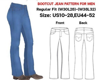 Boot Cut Denim Jeans for Mens Sewing Pattern Pdf. Size