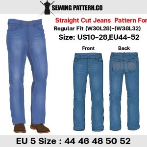 Op de afbeelding: Een naaipatroon voor een rechte jeans in een normale pasvorm. Het patroon is verkrijgbaar in de maten US10-28 en EU44-52. De afbeelding toont een voor- en achterkant van de jeans.
