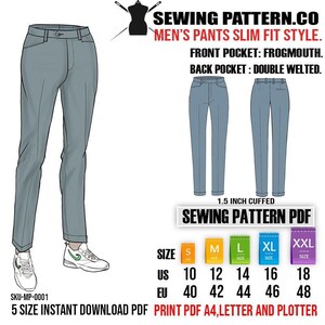 May include: A sewing pattern for men's pants with a slim fit style. The pattern includes instructions for a frogmouth front pocket and a double welted back pocket. The pattern is available in five sizes: 10, 12, 14, 16, and 18. The pattern is available for instant download in PDF format and can be printed on A4, Letter, and Plotter paper.