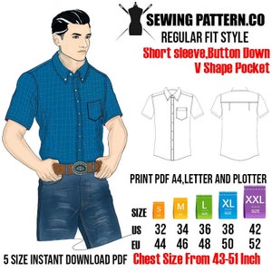 Short Sleeve Dress Shirt Sewing Pattern PDF (Size US34-42,EU44-52) Button Down Collar | V Shape Pocket