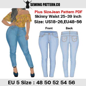 Skinny jeans Plus size for women sewing pattern PDF | Size US18-26 EU 48-56  Waist 35-39 Inch