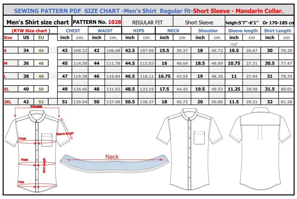 Mandarin Collar Short Sleeve Dress Shirt Sewing Pattern PDF - Etsy