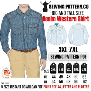 Big And Tall Denim Western Shirt Sewing Pattern PDF (Size US44-52,EU54-62) CHEST 53-61 – Long Sleeve Shirt Pattern