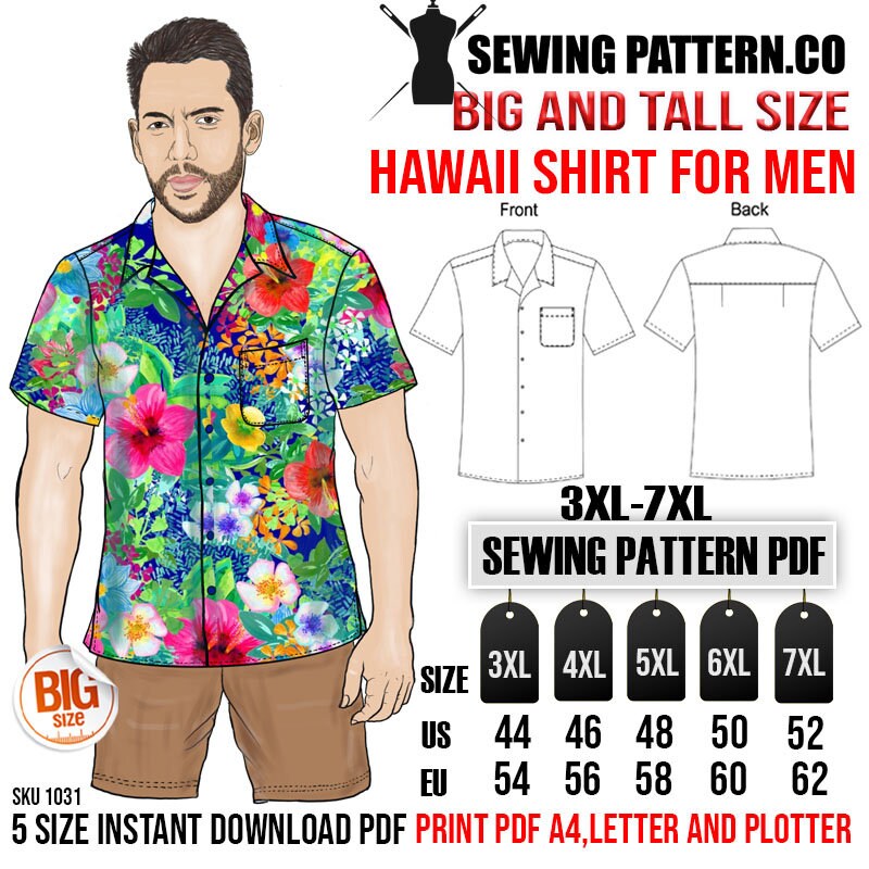 Big and Tall Men's Hawaii Shirt Sewing Pattern PDF. 3XL - Etsy UK