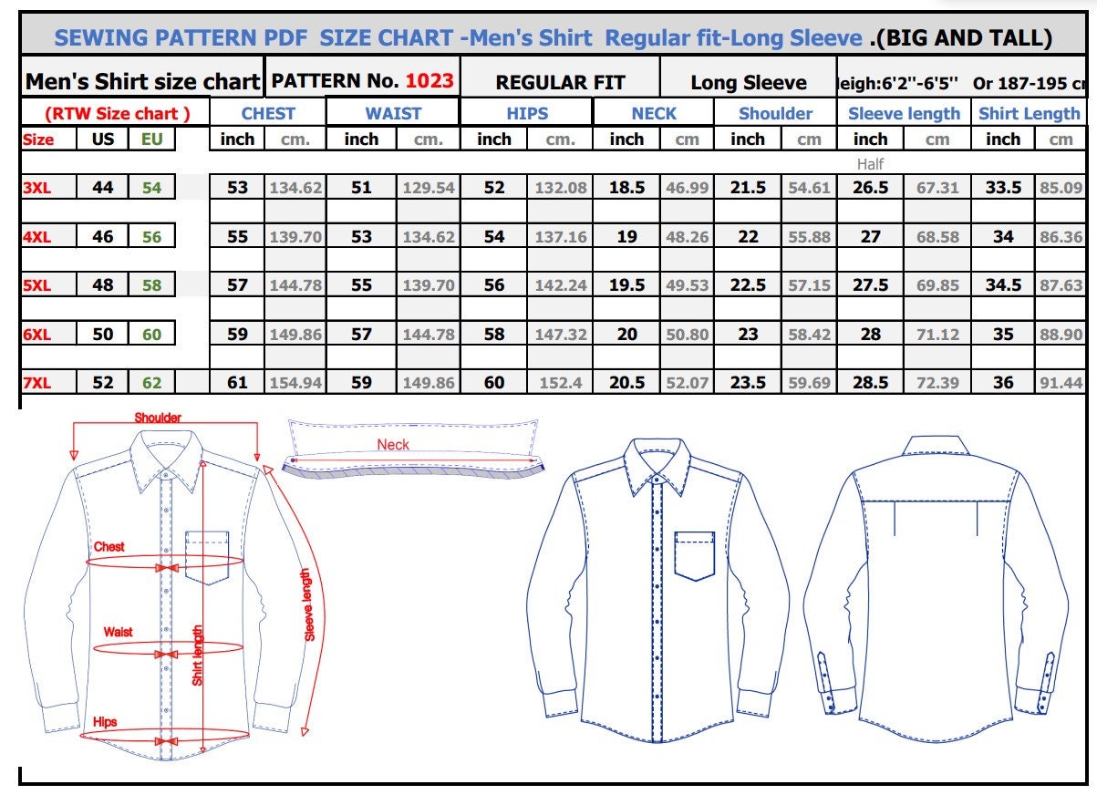 Big and Tall Long Sleeve Dress Shirt Sewing Pattern PDF size | Etsy ...