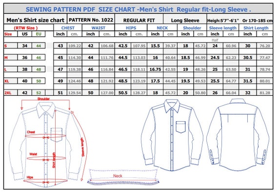 Long Sleeve Dress Shirt Sewing Pattern PDF (size US34-42,EU44-52) Kent  Collar | 2 Button Cuff - Etsy Denmark