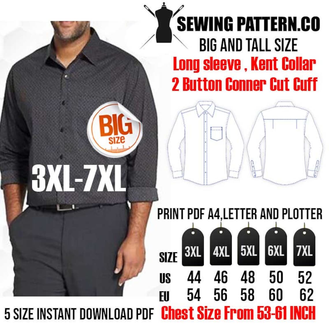 Big and Tall Long Sleeve Dress Shirt Sewing Pattern PDF size Etsy Australia