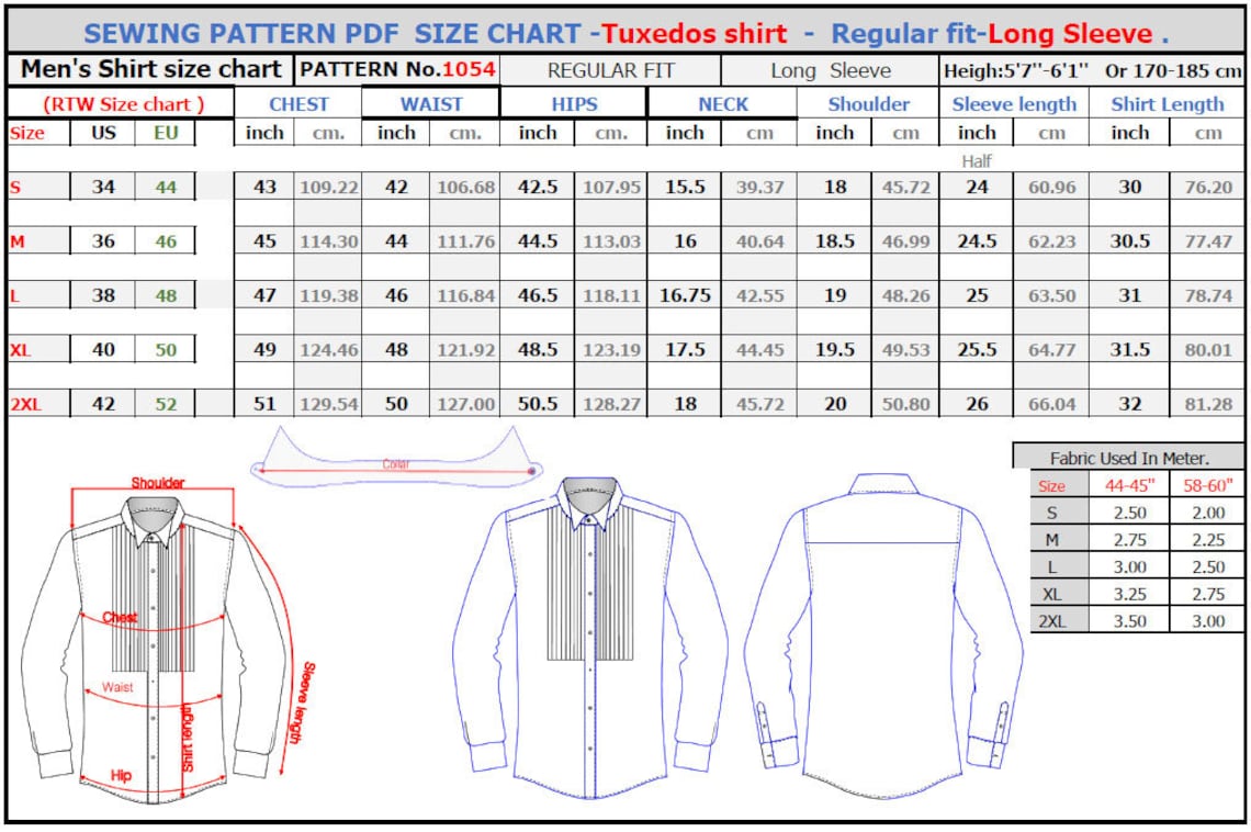 Tuxedo Shirt for Men. Sewing Pattern Pdf.size S 2XL Chest Etsy