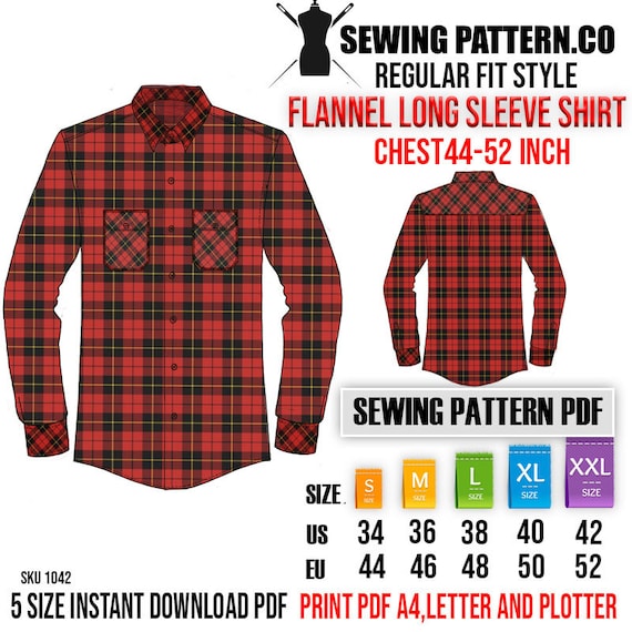Men's Flannel Shirt Long Sleeve , Regular Fit. Sewing Pattern PDF