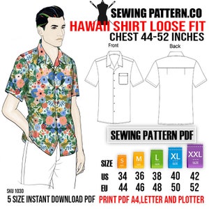 Men's Hawaii shirt loose fit sewing pattern PDF.  (size    S - 2XL )  ( chest from 44 - 52 inches finished garment)