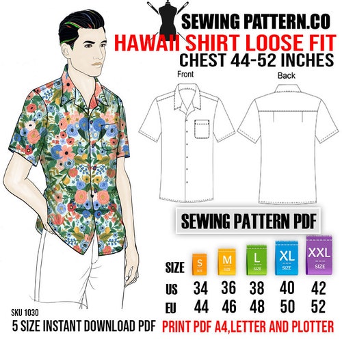 Men's Hawaii Shirt Loose Fit Sewing Pattern PDF. size S - Etsy