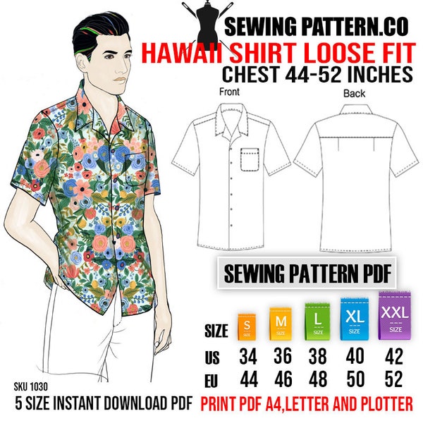 Men's Hawaii shirt loose fit sewing pattern PDF.  (size    S - 2XL )  ( chest from 44 - 52 inches finished garment)