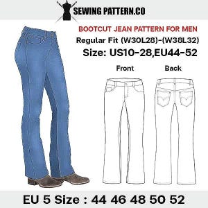 Boot Cut Denim Jeans For Men’s Sewing Pattern Pdf. Size (W30l28)-(W38l32) Regular Fit, Us 10-18,eu 44-52