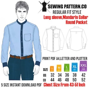 Mandarin Collar Short Sleeve Dress Shirt Sewing Pattern PDF Mandarin Collar Short Sleeve Dress Shirt Sewing Pattern PDF