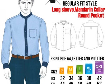 Patrón de costura de camisa de vestir de manga larga con cuello mandarín PDF PARA HOMBRE (Talla US34-42, EU44-52)