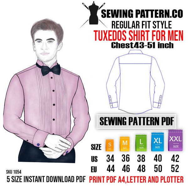 Tuxedo Shirt for men. Sewing pattern PDF.(Size  S - 2XL)  Chest from 43 - 51 Inches.