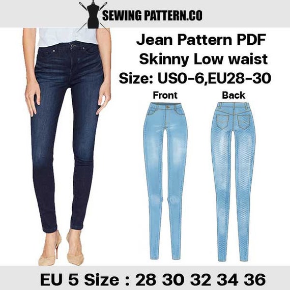 Skinny Jeans for Women Sewing Pattern PDF US Size 00-6 EU 28-36 
