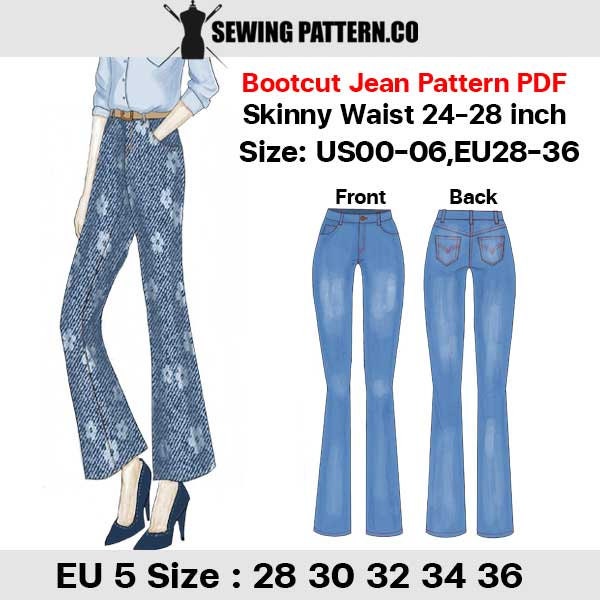 Bootcut jeans for women sewing pattern PDF | Waist 24-28 inch (US size 00-06 EU 28-36)