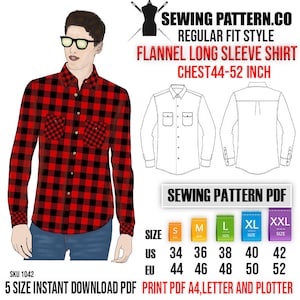 Men&#39;s Flannel shirt long sleeve , regular fit. Sewing pattern PDF. ( Size  S - 2XL)  chest from 43 - 51 inches.