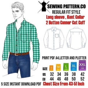 Long Sleeve Dress Shirt Sewing Pattern PDF (Size US34-42,EU44-52) Kent Collar | 2 button cuff