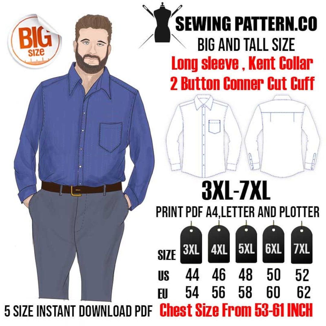 Big and Tall Long Sleeve Dress Shirt Sewing Pattern PDF Big and Tall Long Sleeve Dress Shirt Sewing Pattern PDF