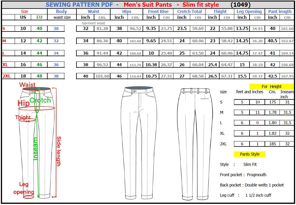 Men's Slim Fit Suit Pants Sewing Pattern PDF. S 2XL 
