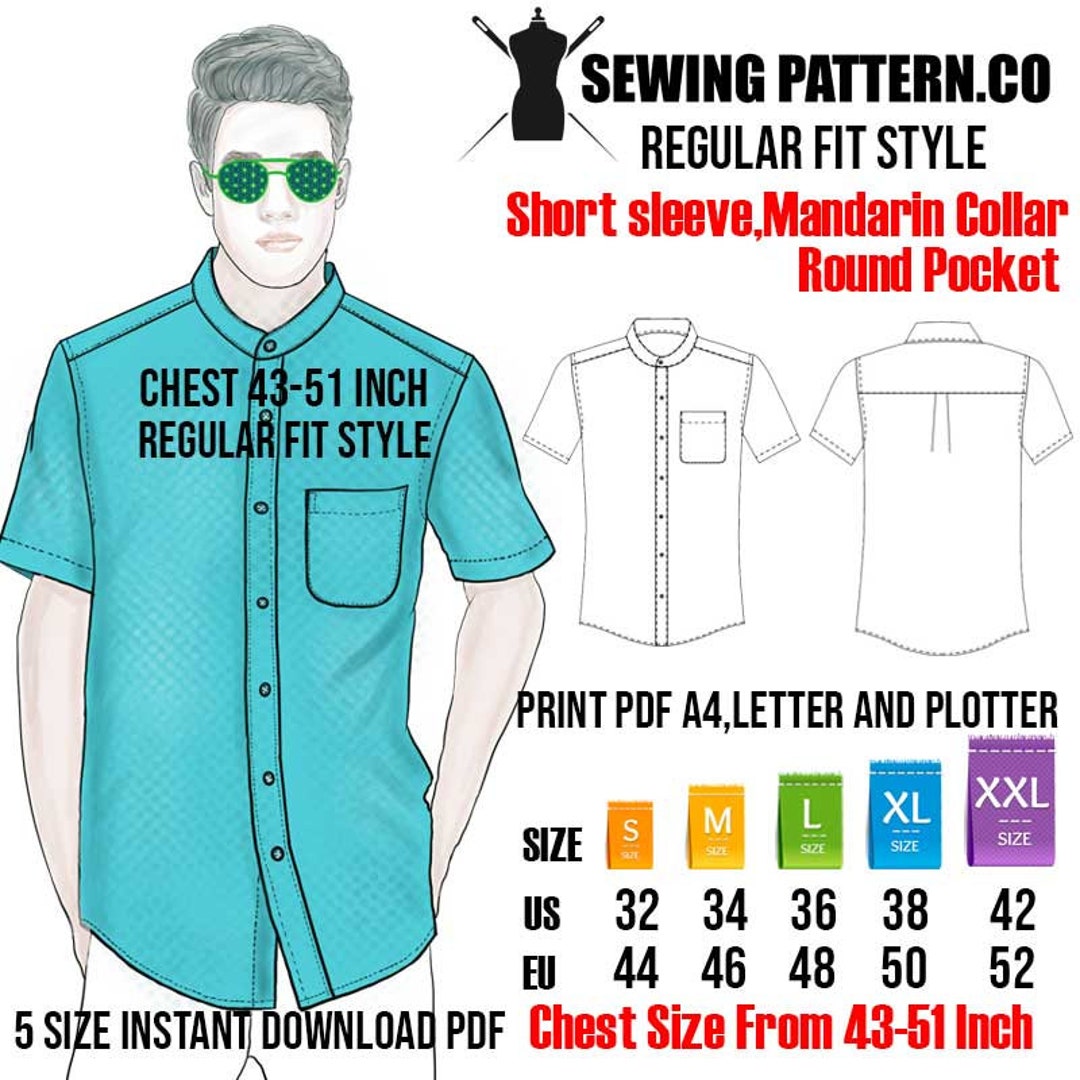 Mandarin Collar Short Sleeve Dress Shirt Sewing Pattern PDF Mandarin Collar Short Sleeve Dress Shirt Sewing Pattern PDF