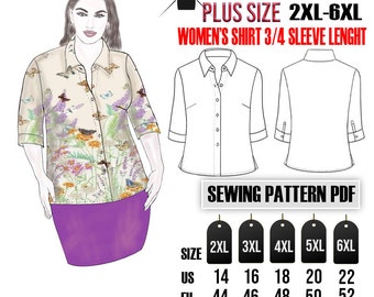 七分袖のプラスサイズの女性用シャツ。縫製パターン PDF。