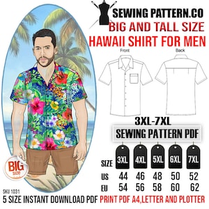 Big and Tall men's Hawaii shirt sewing pattern PDF. (3XL - 7XL) Chest from 54 - 62 inches.