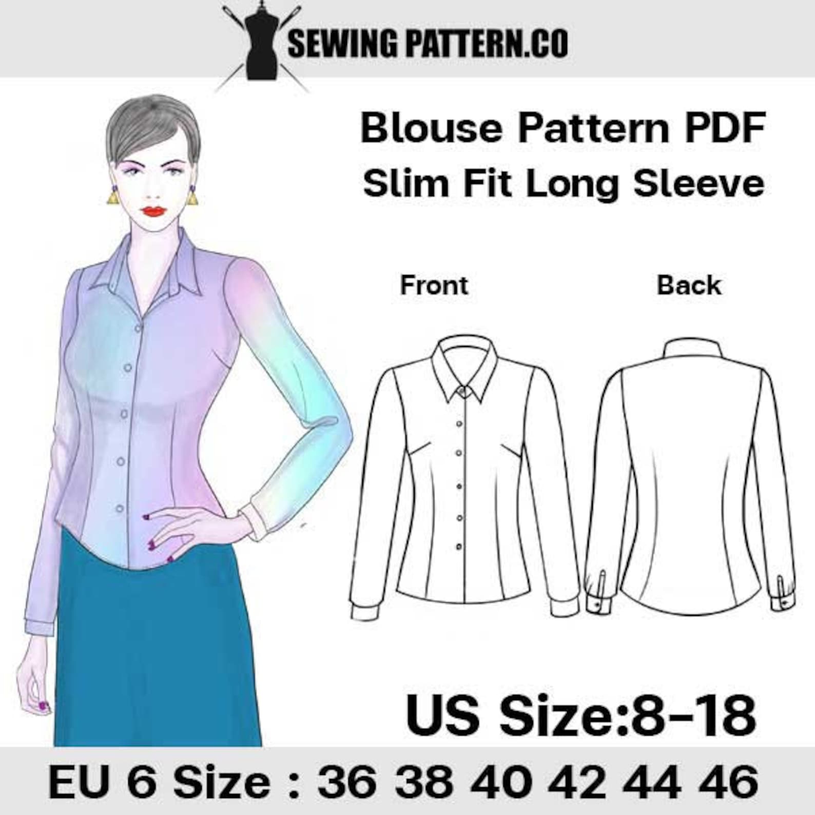Womens Slim Fit Shirt Sewing Pattern Size size 3646 EU 818 Etsy