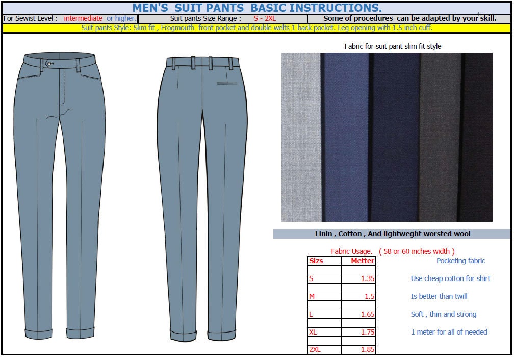 Men's Slim Fit Suit Pants Sewing Pattern PDF. S 2XL 